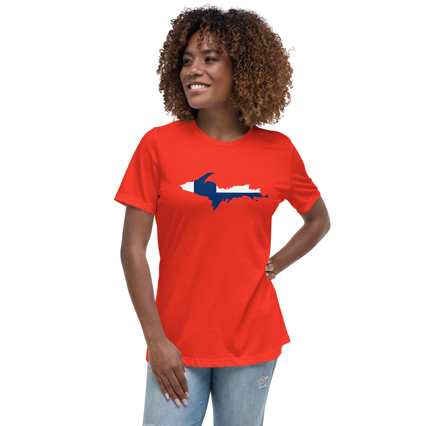 Michigan Upper Peninsula T-Shirt (w/ UP Finland Flag Outline) | Women's Relaxed Fit