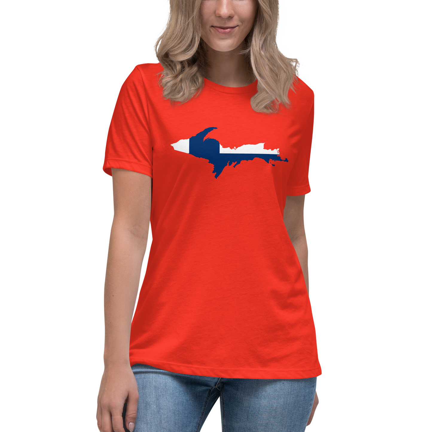 Michigan Upper Peninsula T-Shirt (w/ UP Finland Flag Outline) | Women's Relaxed Fit