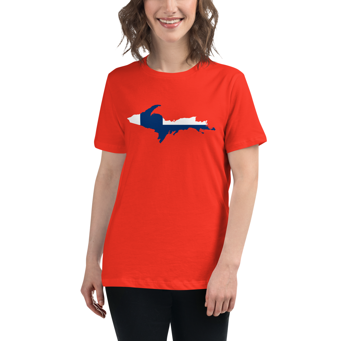 Michigan Upper Peninsula T-Shirt (w/ UP Finland Flag Outline) | Women's Relaxed Fit