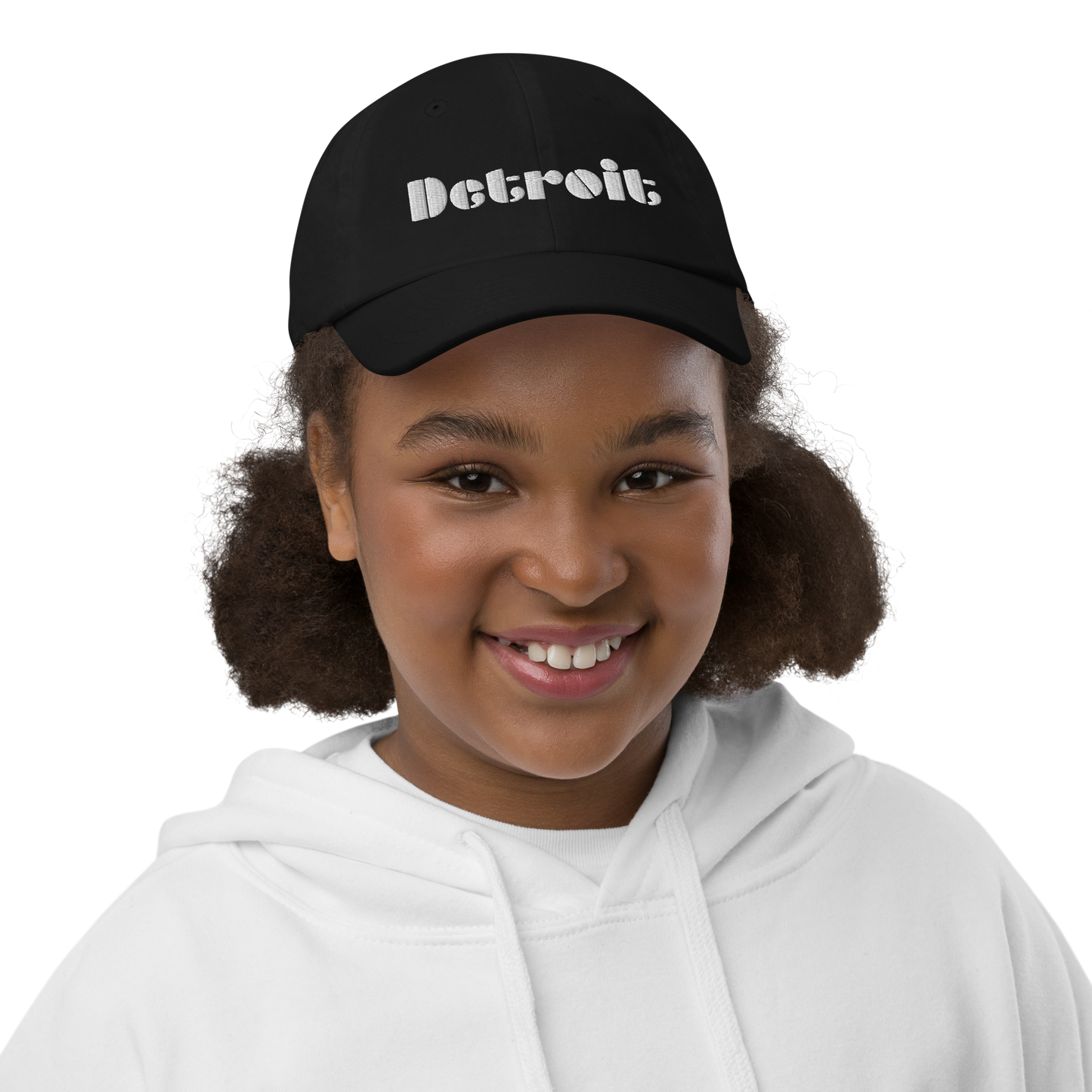 'Detroit' Youth Baseball Cap | White/Black Embroidery