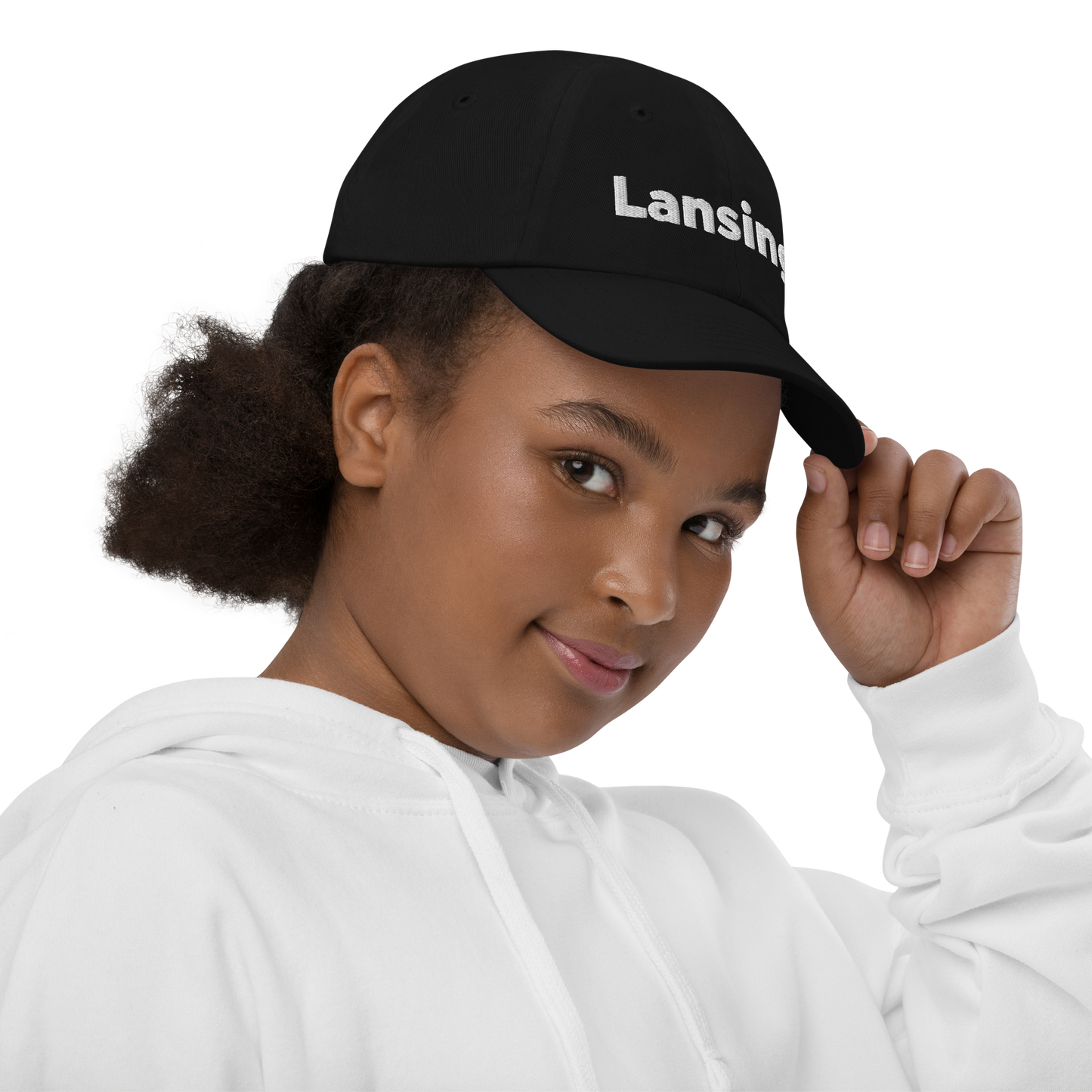 'Lansing' Youth Baseball Cap | White/Navy Embroidery