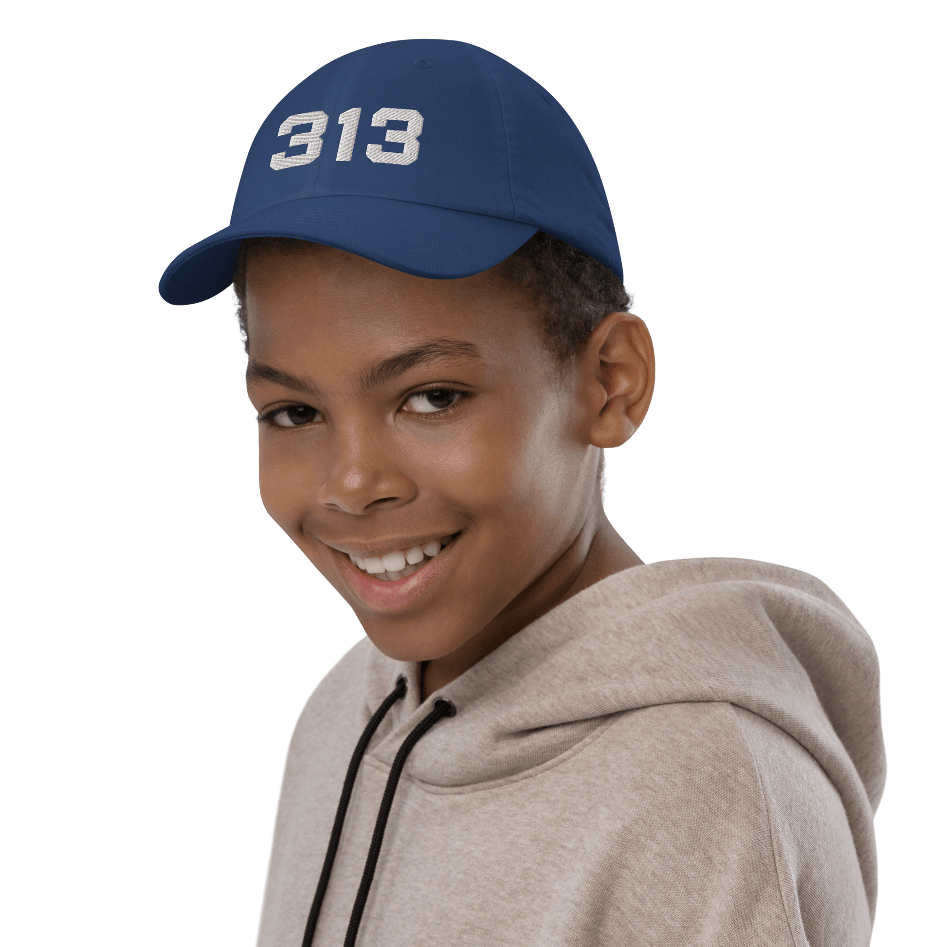 Detroit '313' Youth Baseball Cap | White/Black Embroidery - Circumspice Michigan