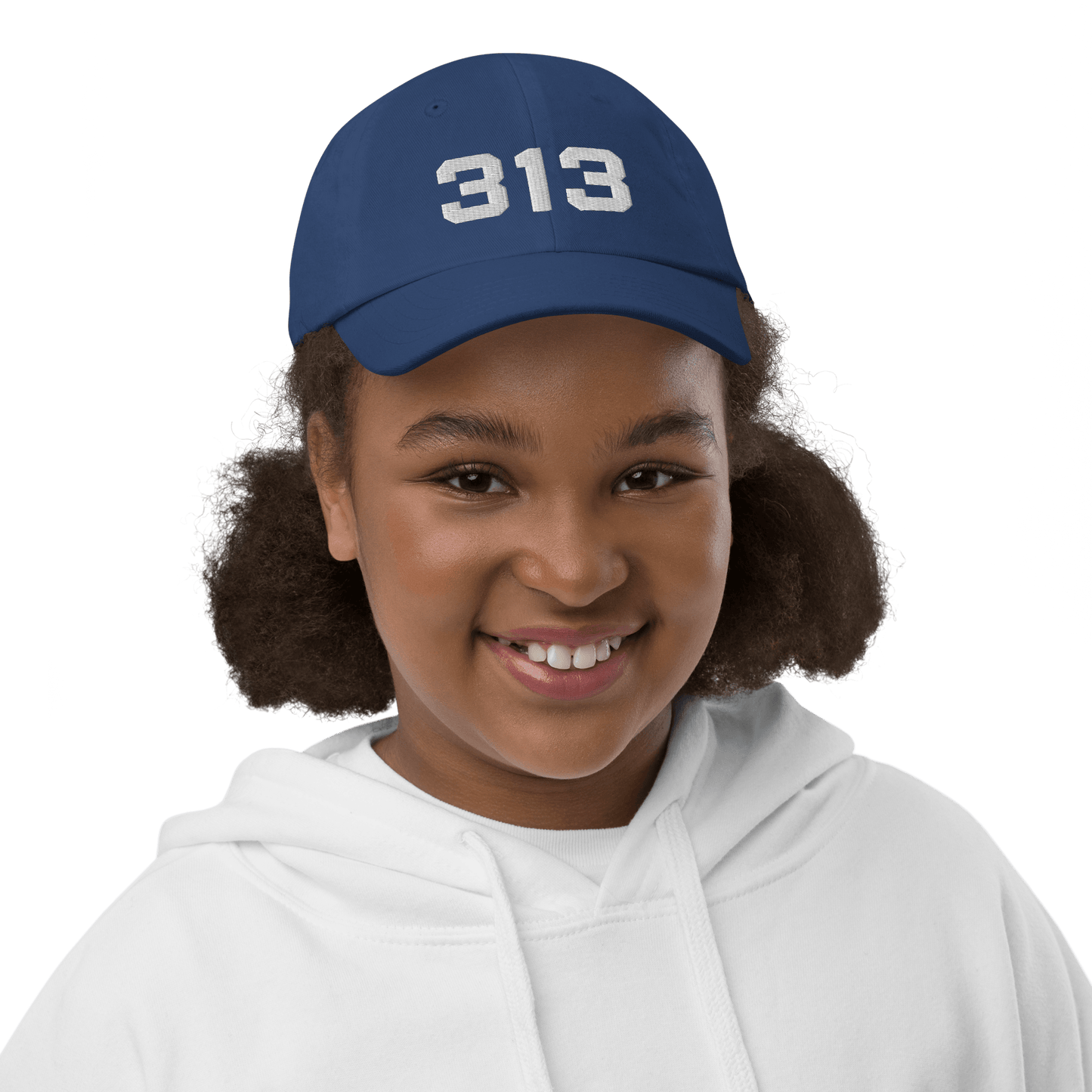 Detroit '313' Youth Baseball Cap | White/Black Embroidery - Circumspice Michigan