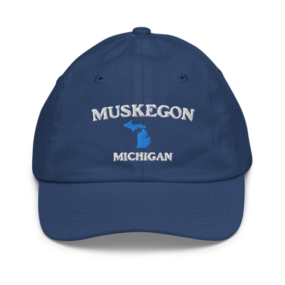 'Muskegon Michigan' Youth Baseball Cap (w/ Michigan Outline)