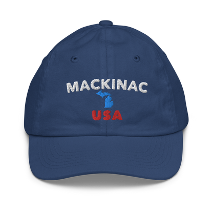 'Mackinac USA' Youth Baseball Cap (w/ Michigan Outline)