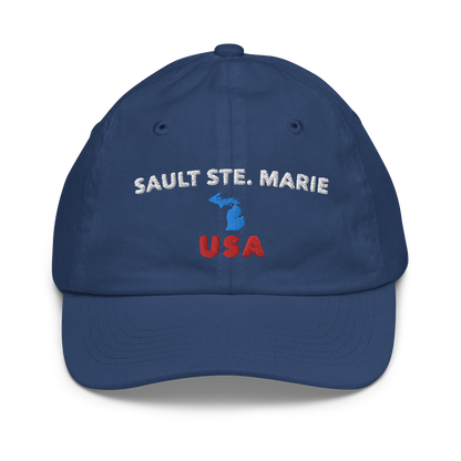 'Sault Ste. Marie USA' Youth Baseball Cap (w/ Michigan Outline)