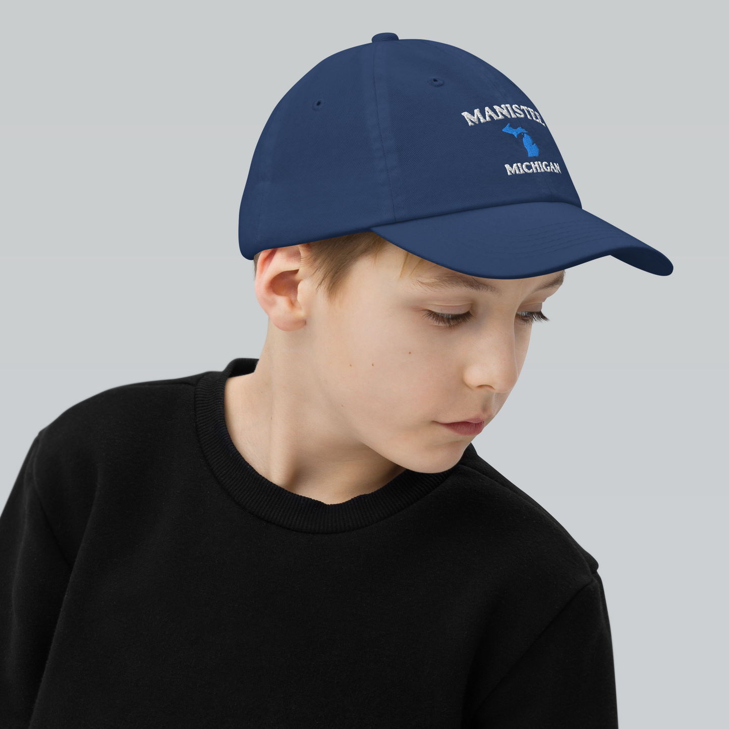 'Manistee Michigan' Youth Baseball Cap (w/ Michigan Outline)