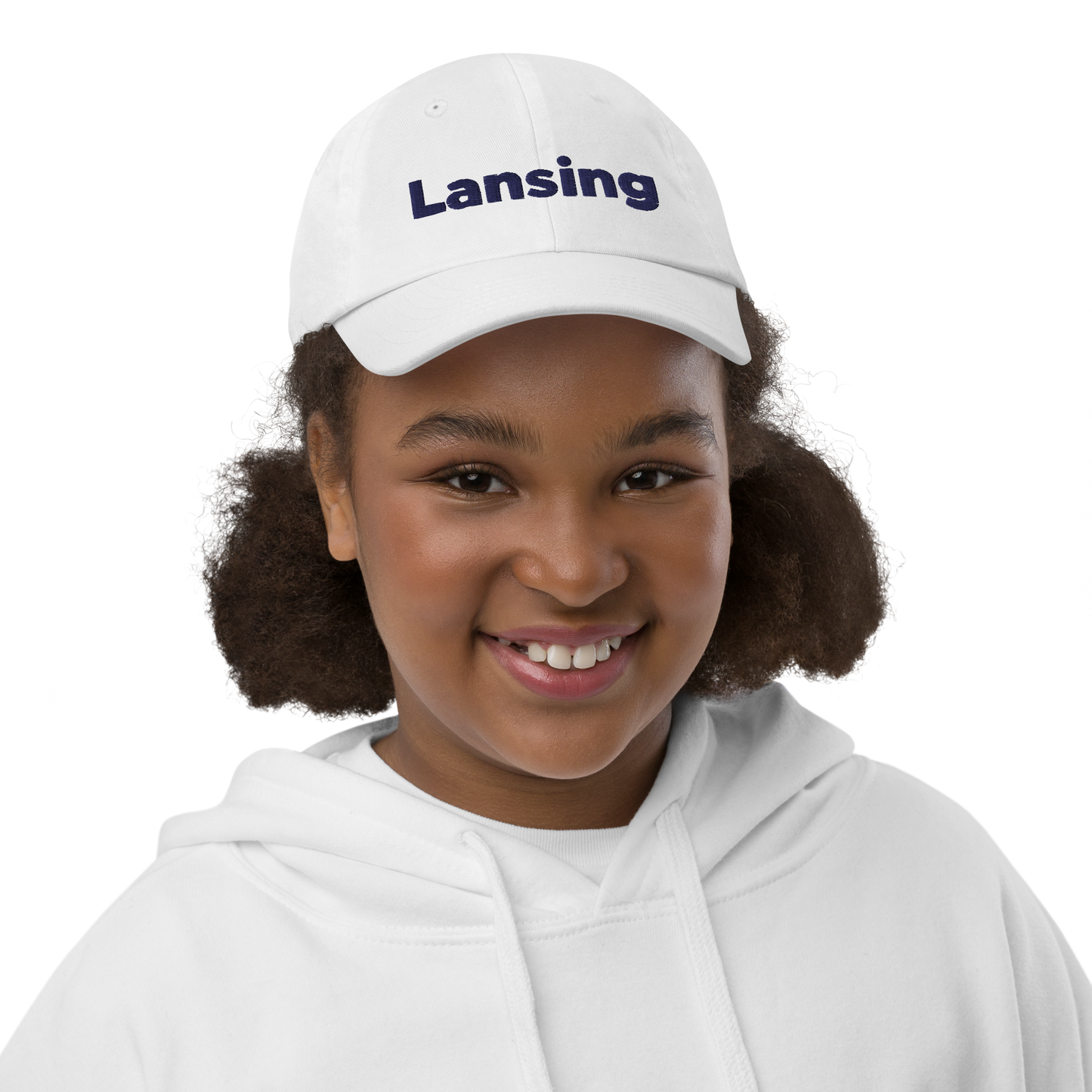 'Lansing' Youth Baseball Cap | White/Navy Embroidery