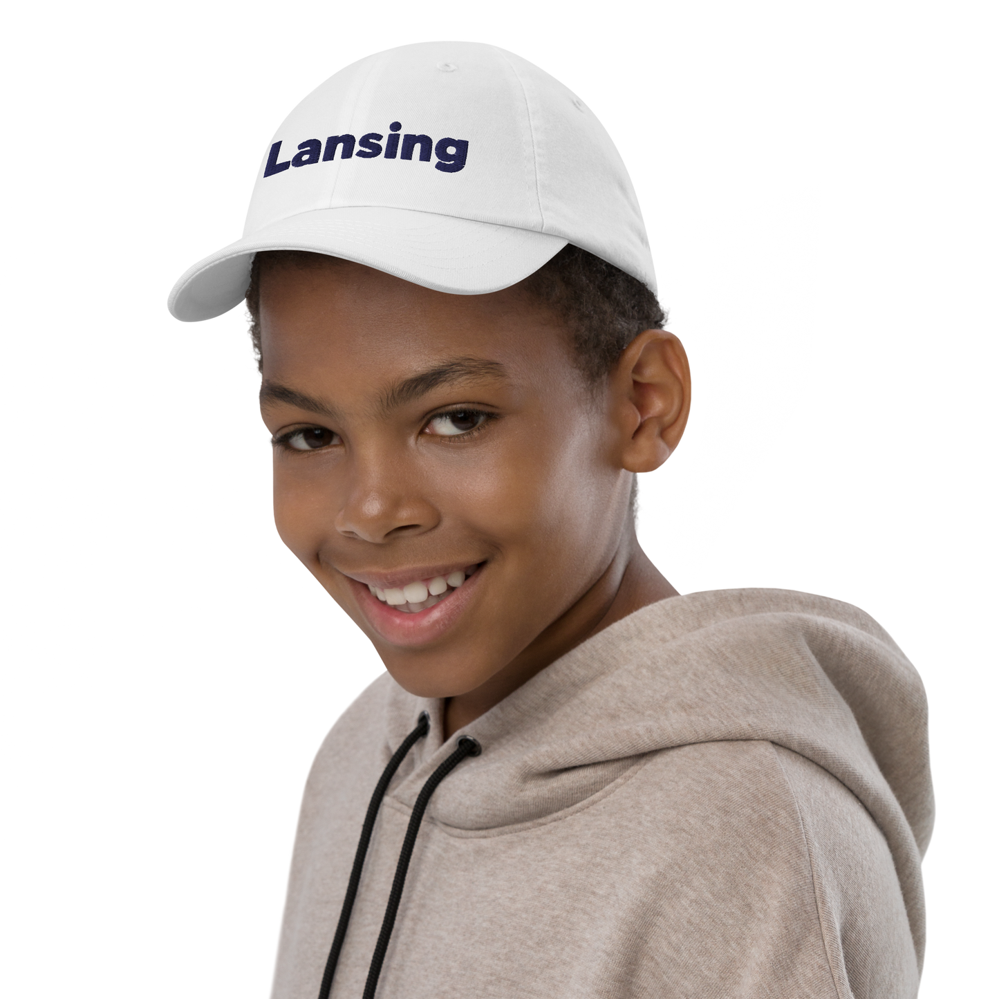 'Lansing' Youth Baseball Cap | White/Navy Embroidery