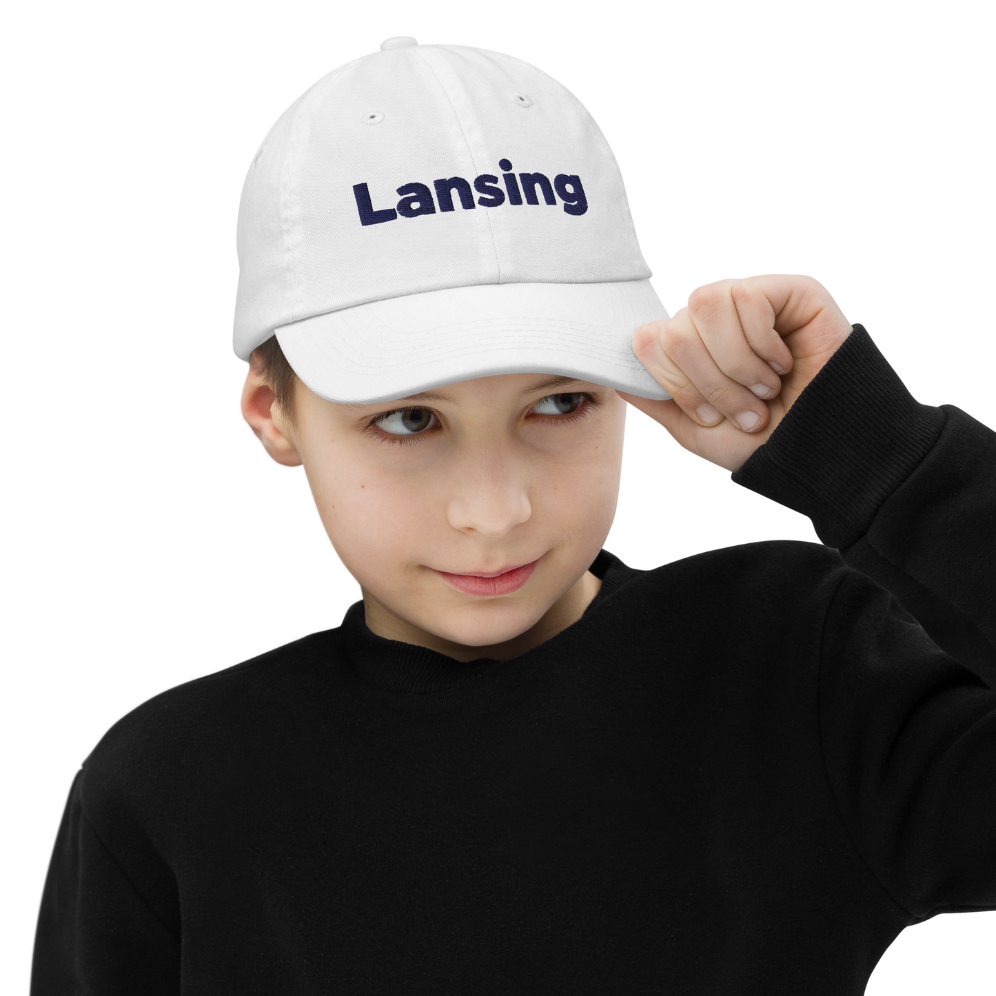 'Lansing' Youth Baseball Cap | White/Navy Embroidery