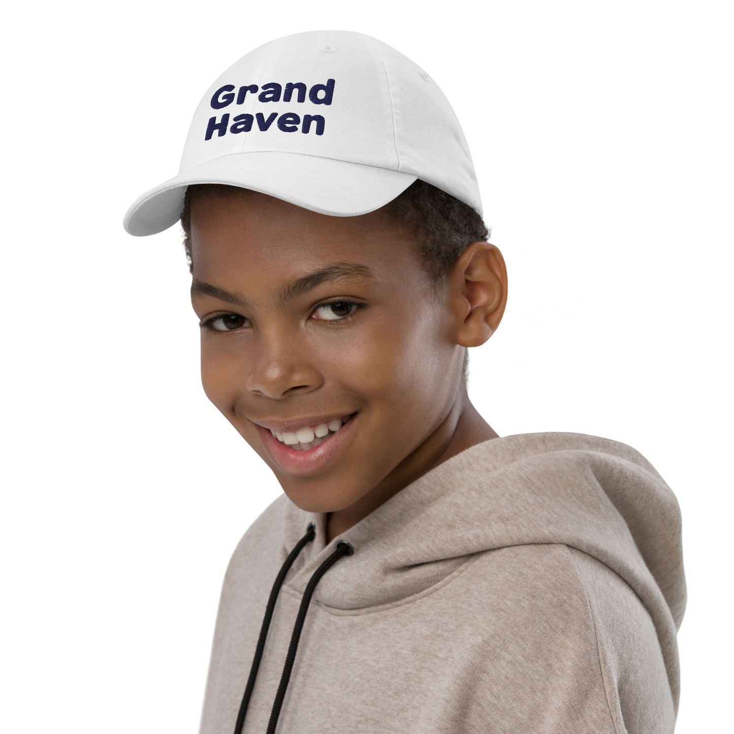 'Grand Haven' Youth Baseball Cap | White/Navy Embroidery