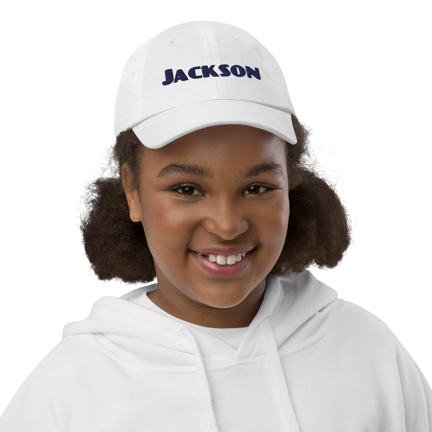 'Jackson' Youth Baseball Cap | White/Navy Embroidery