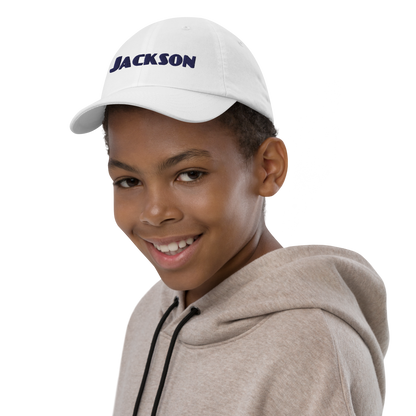 'Jackson' Youth Baseball Cap | White/Navy Embroidery