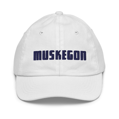 'Muskegon' Youth Baseball Cap | White/Navy Embroidery