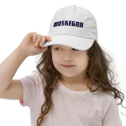 'Muskegon' Youth Baseball Cap | White/Navy Embroidery