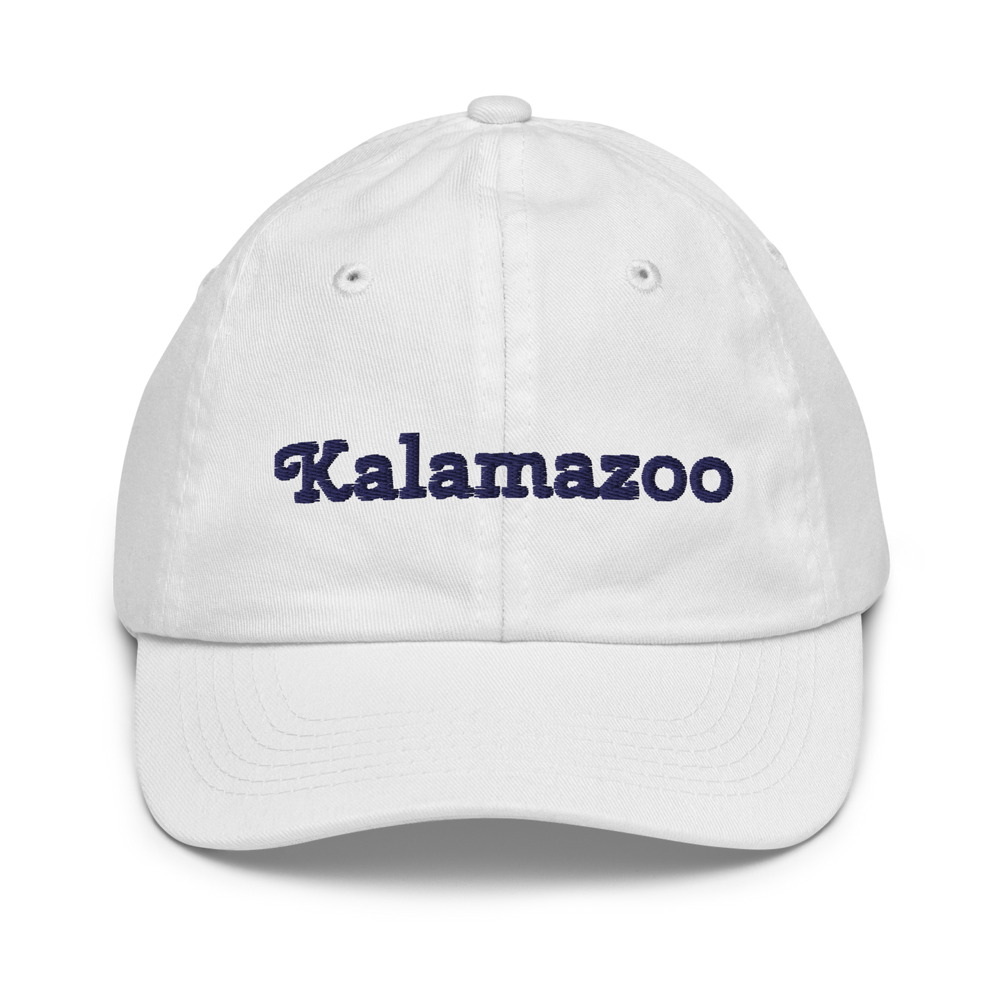 'Kalamazoo' Youth Baseball Cap | White/Navy Embroidery