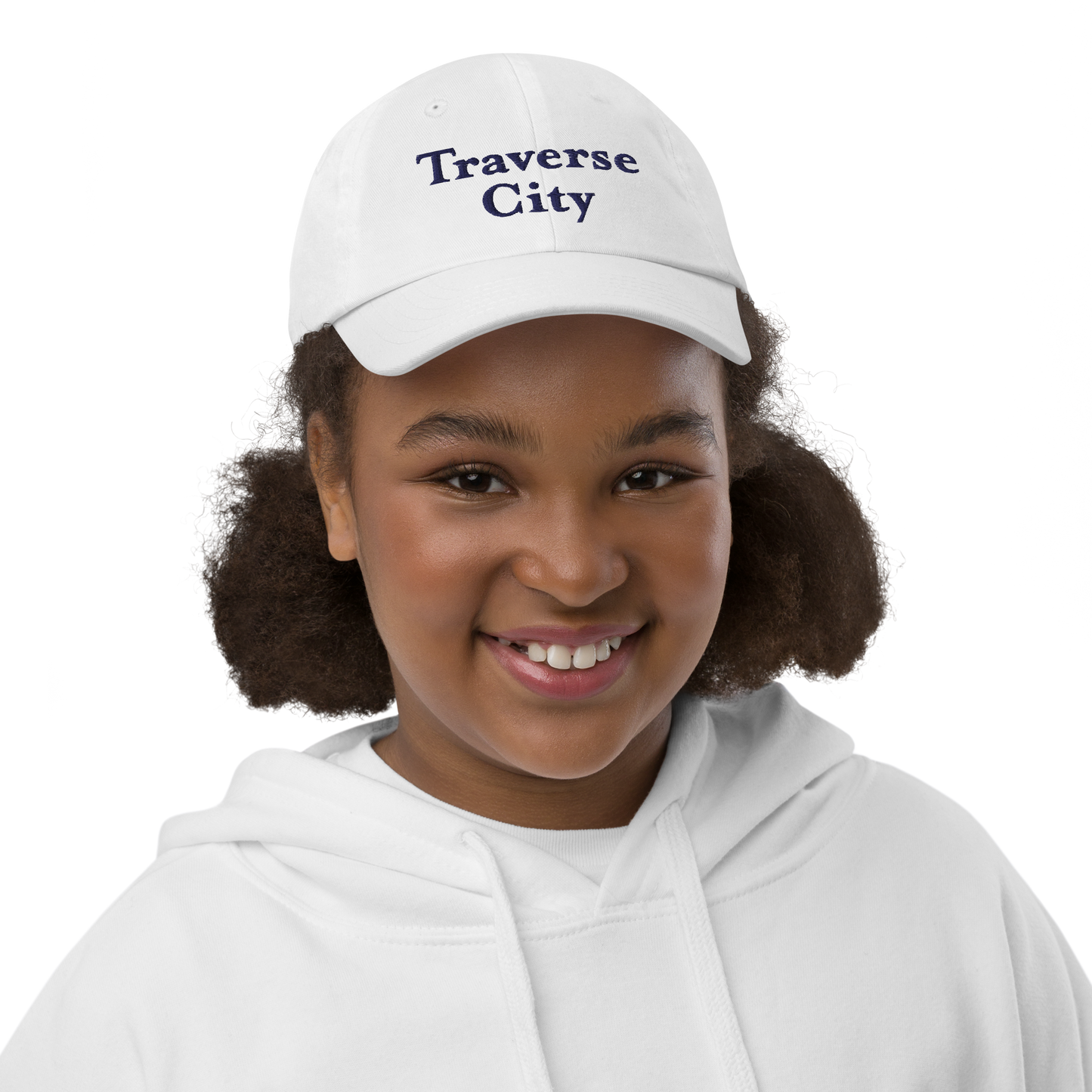 'Traverse City' Youth Baseball Cap | White/Navy Embroidery