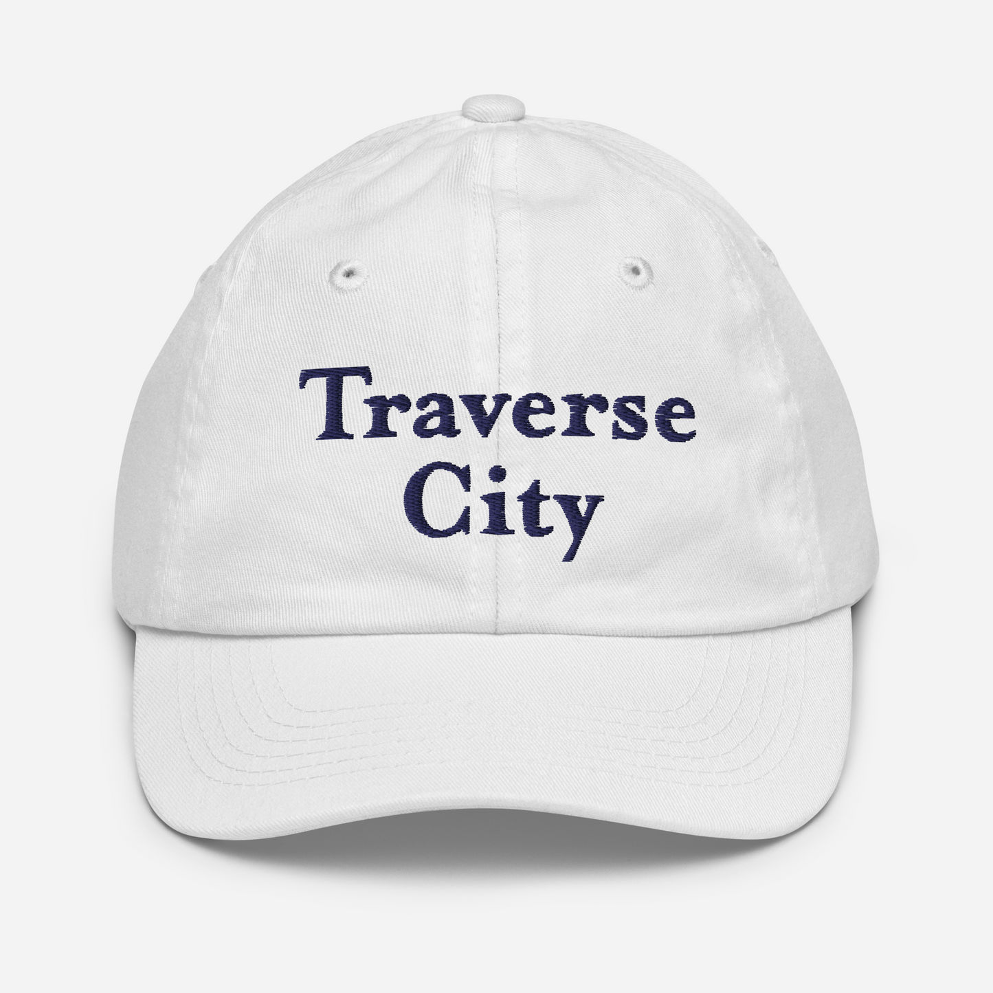 'Traverse City' Youth Baseball Cap | White/Navy Embroidery