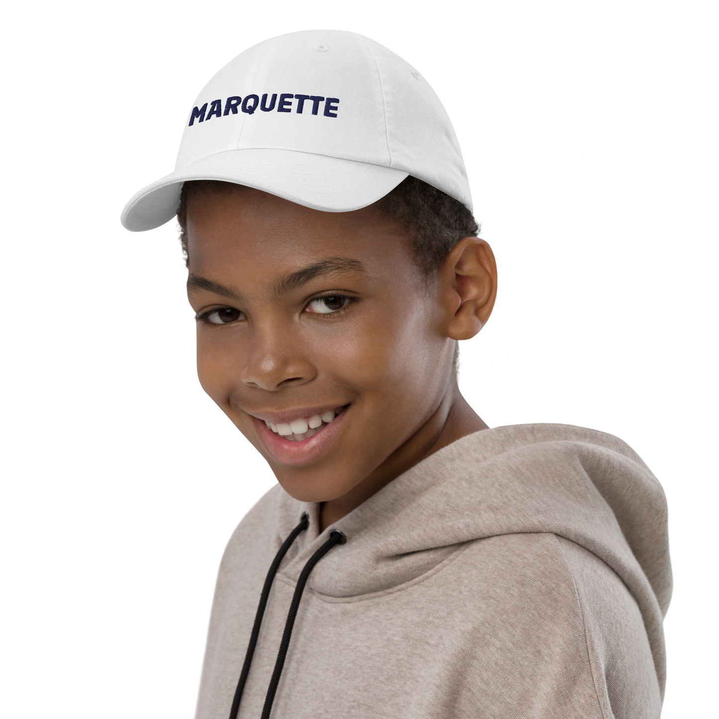 'Marquette' Youth Baseball Cap | White/Navy Embroidery