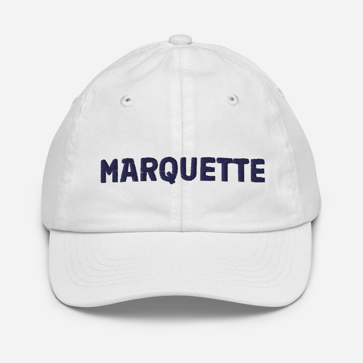 'Marquette' Youth Baseball Cap | White/Navy Embroidery