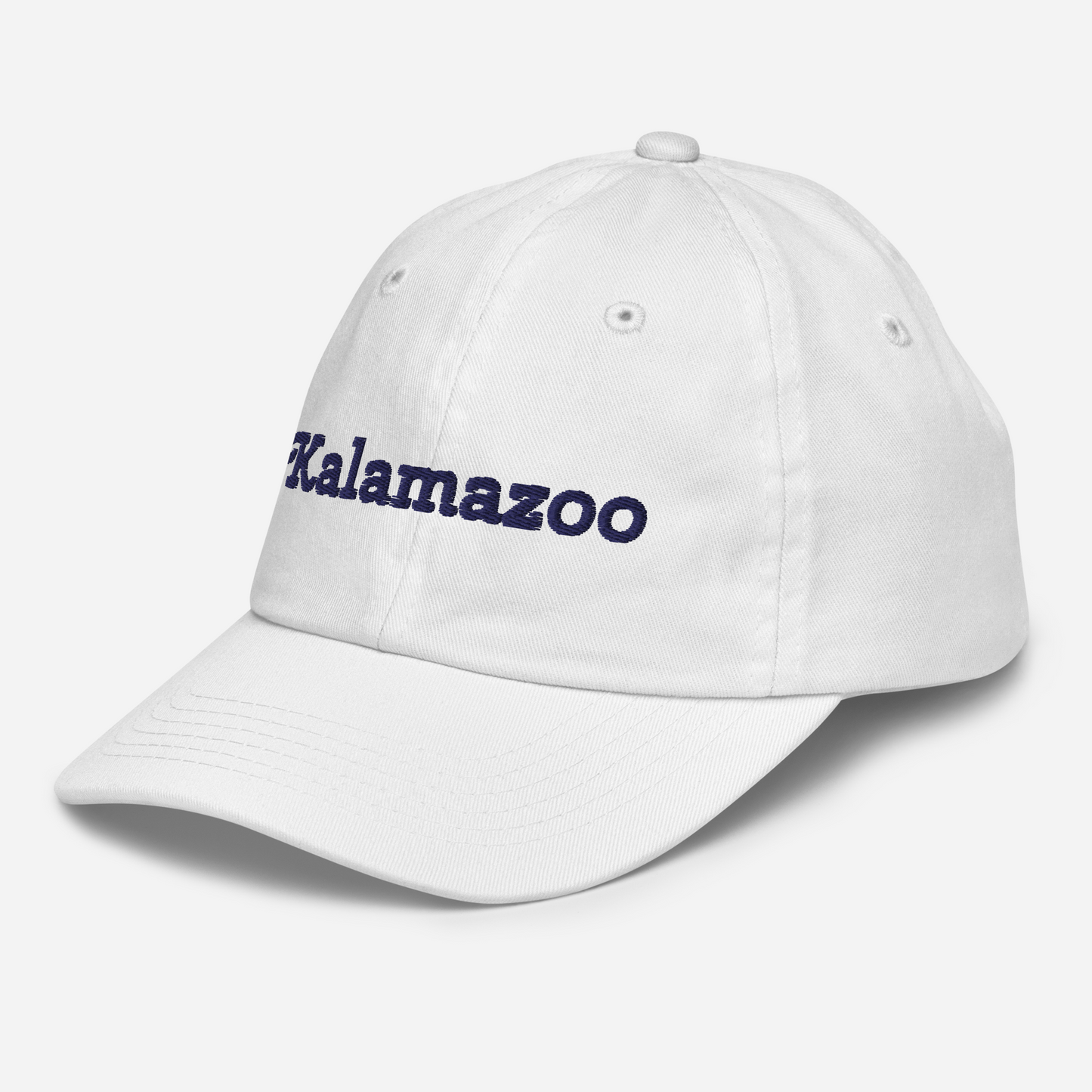 'Kalamazoo' Youth Baseball Cap | White/Navy Embroidery