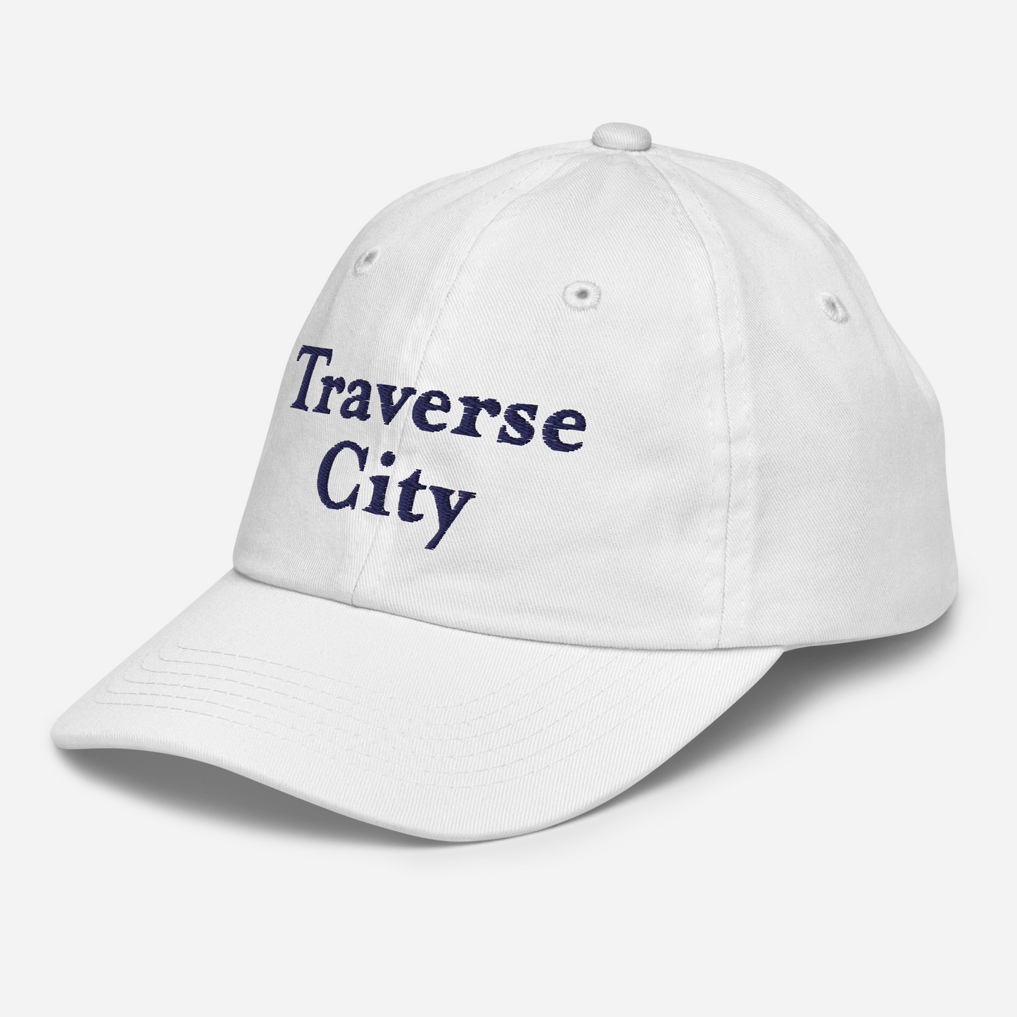 'Traverse City' Youth Baseball Cap | White/Navy Embroidery