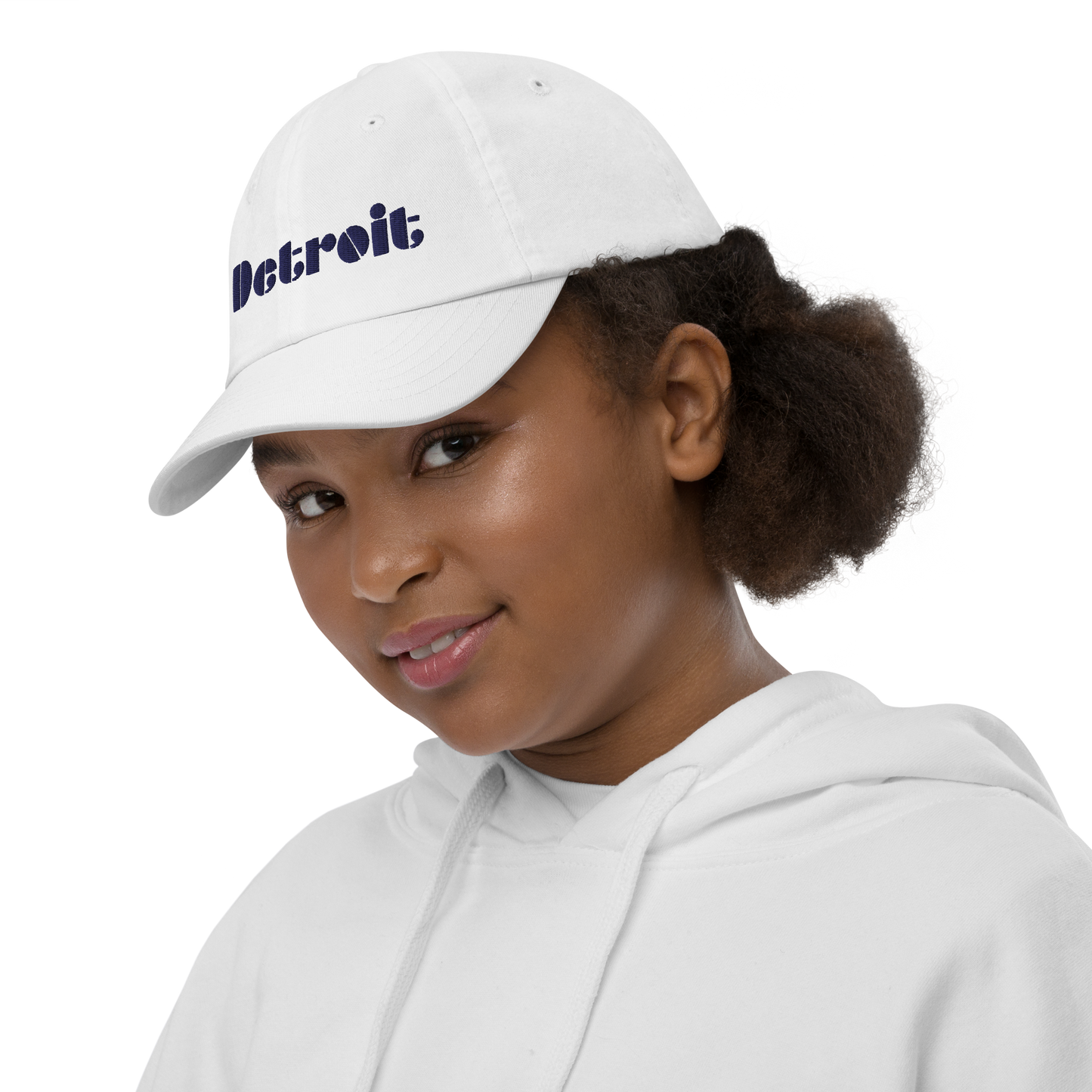 'Detroit' Youth Baseball Cap | White/Black Embroidery