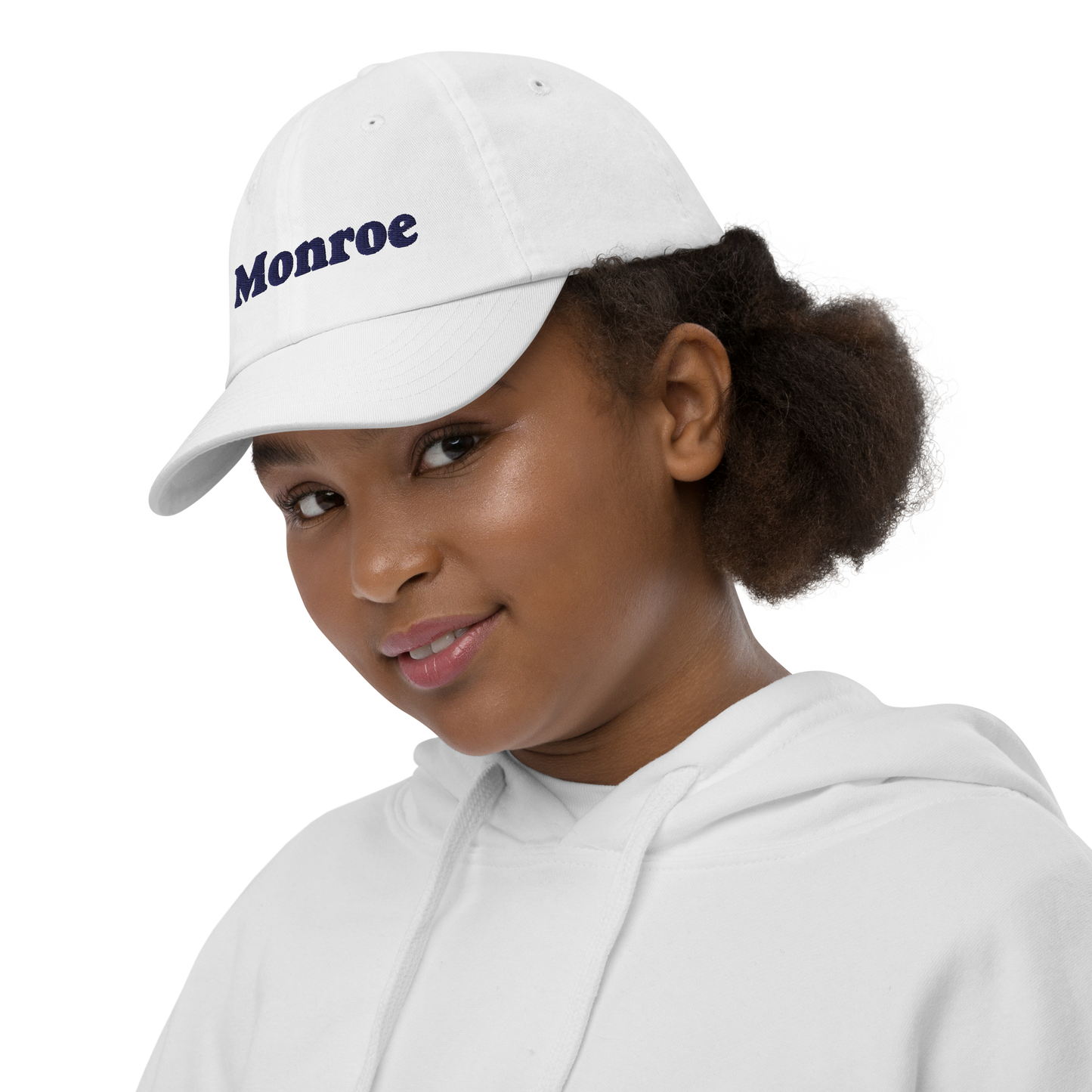 'Monroe' Youth Baseball Cap | White/Navy Embroidery
