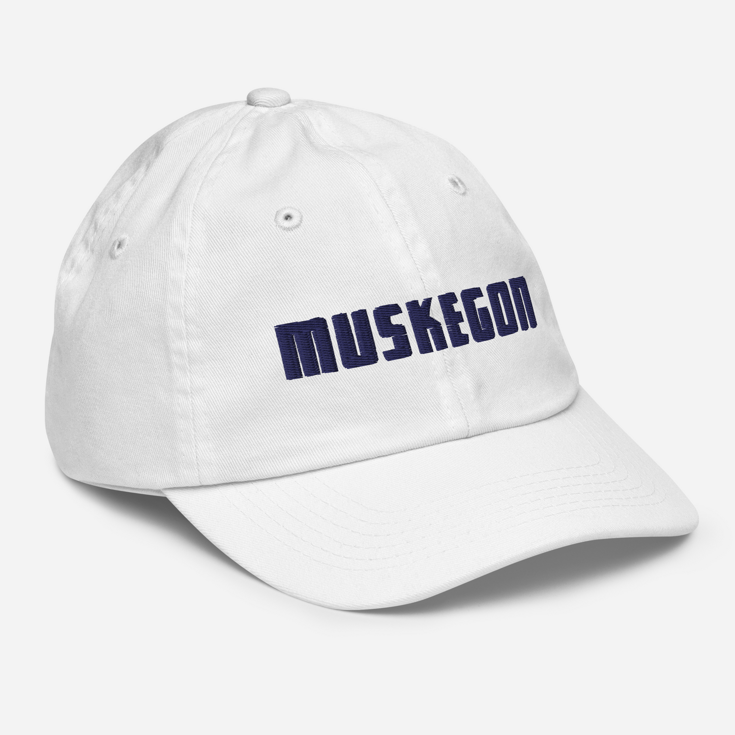 'Muskegon' Youth Baseball Cap | White/Navy Embroidery