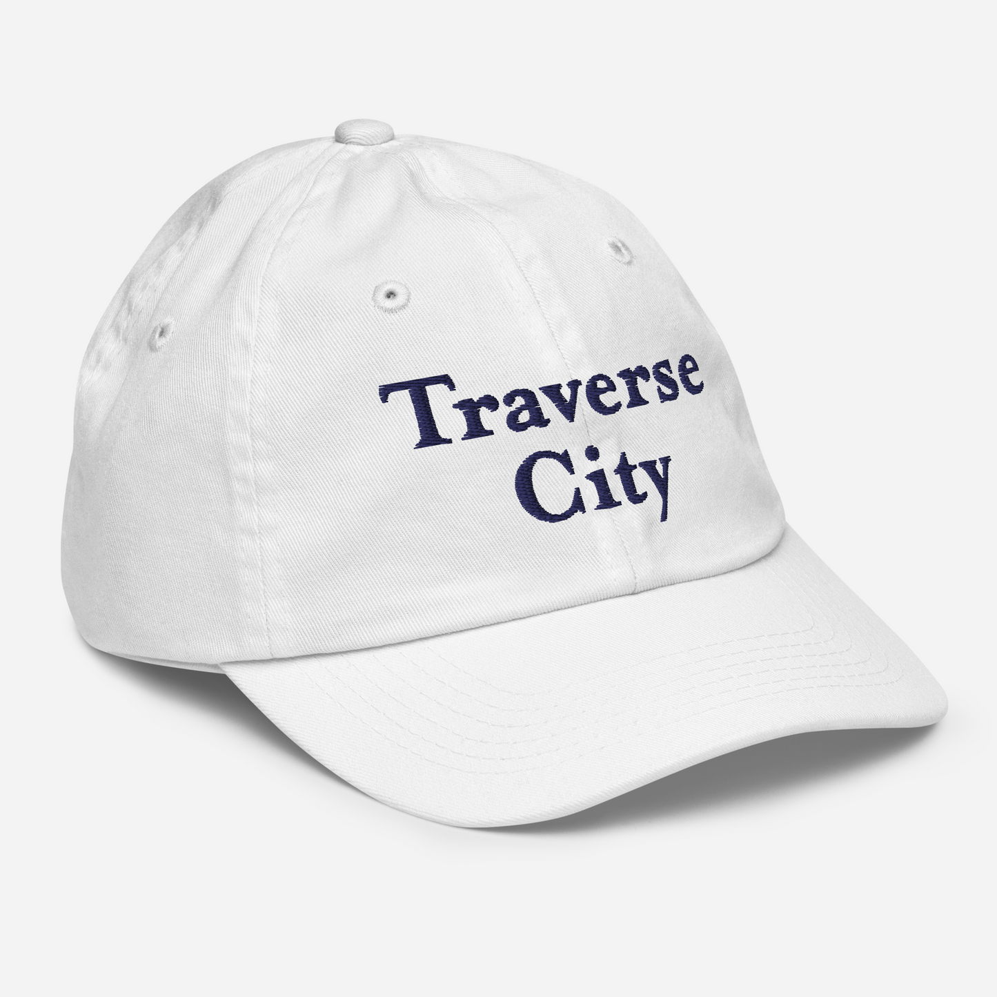 'Traverse City' Youth Baseball Cap | White/Navy Embroidery