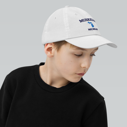 'Muskegon Michigan' Youth Baseball Cap (w/ Michigan Outline)