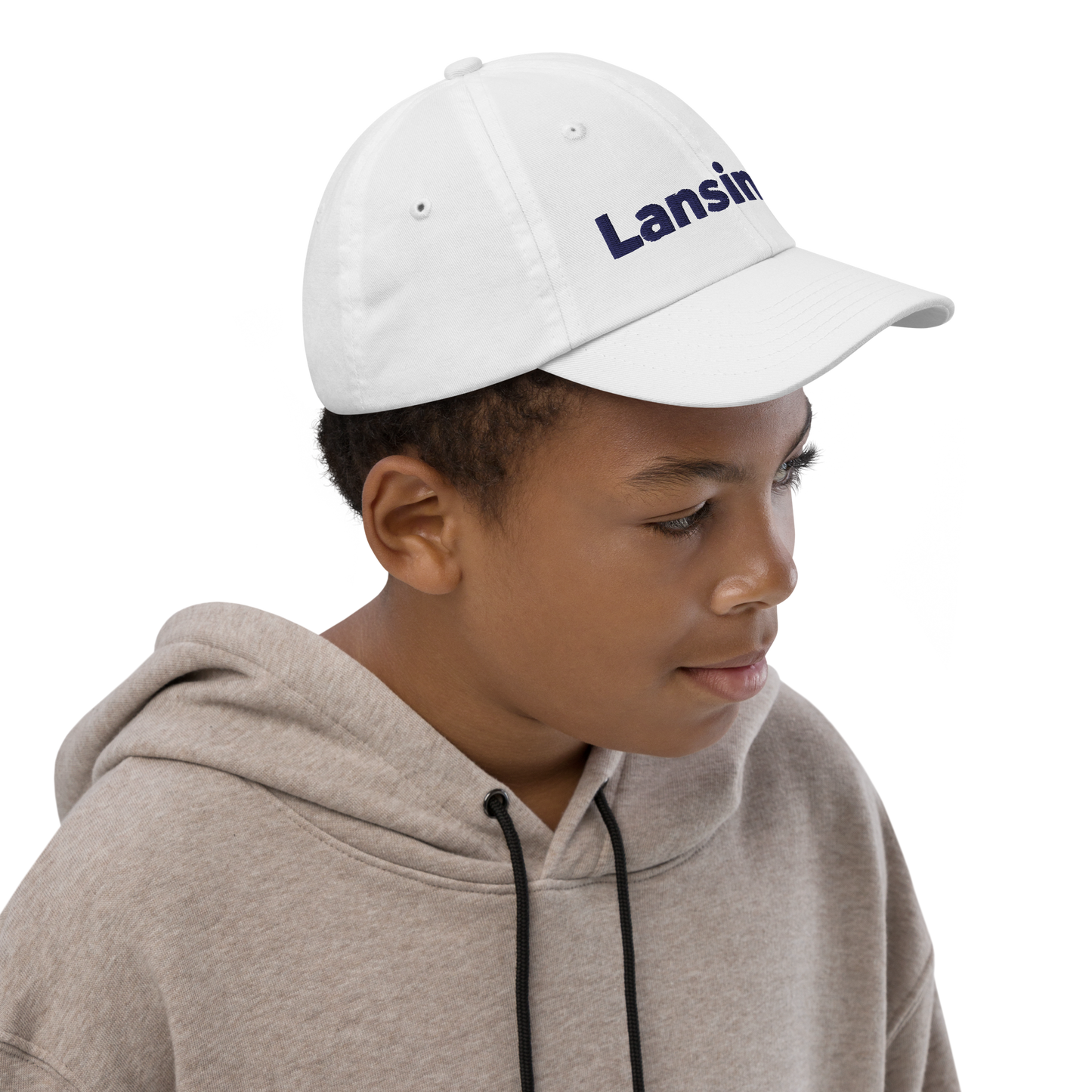 'Lansing' Youth Baseball Cap | White/Navy Embroidery