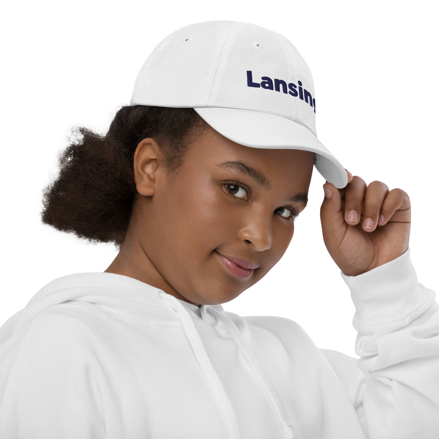 'Lansing' Youth Baseball Cap | White/Navy Embroidery