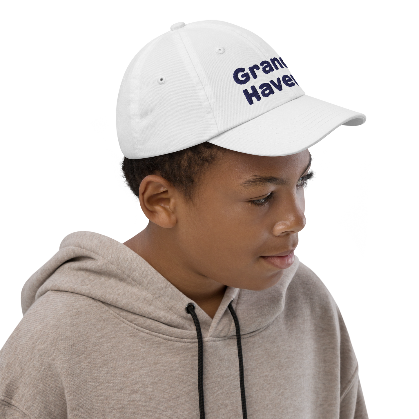 'Grand Haven' Youth Baseball Cap | White/Navy Embroidery