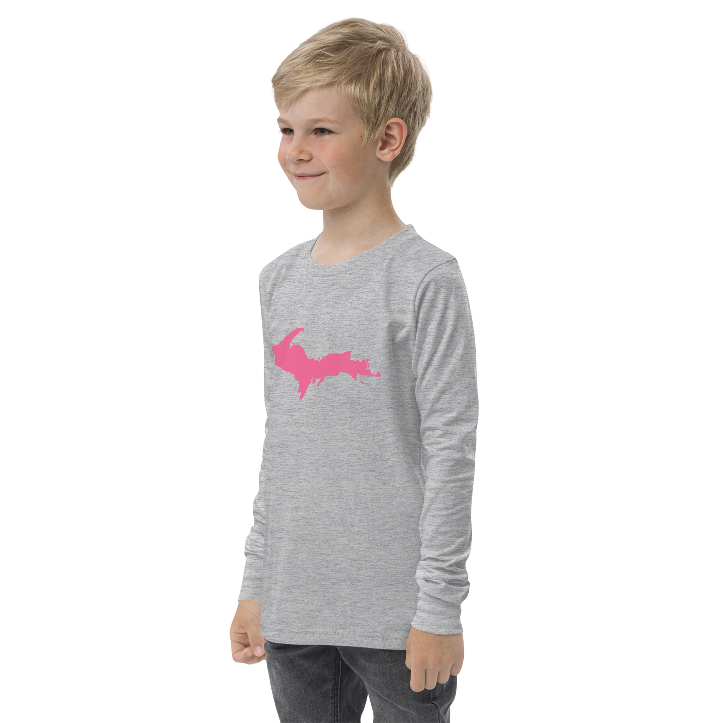 Michigan Upper Peninsula T-Shirt (w/ Pink UP Outline) | Youth Long Sleeve