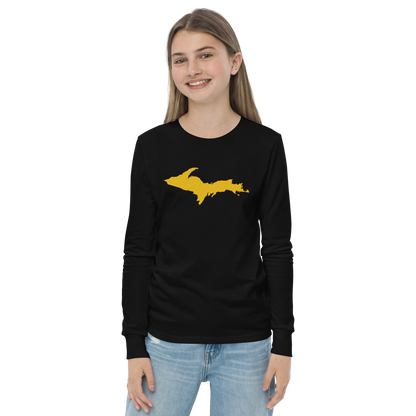 Michigan Upper Peninsula T-Shirt (w/ Gold UP Outline) | Youth Long Sleeve