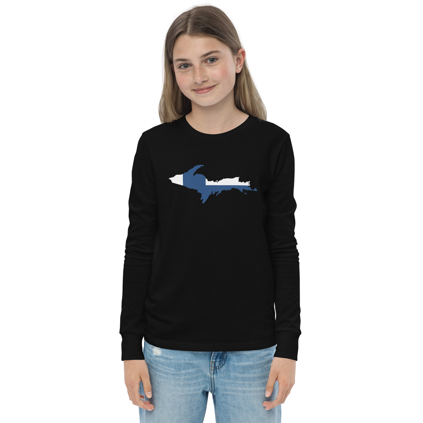 Michigan Upper Peninsula T-Shirt (w/ UP Finland Flag Outline) | Youth Long Sleeve