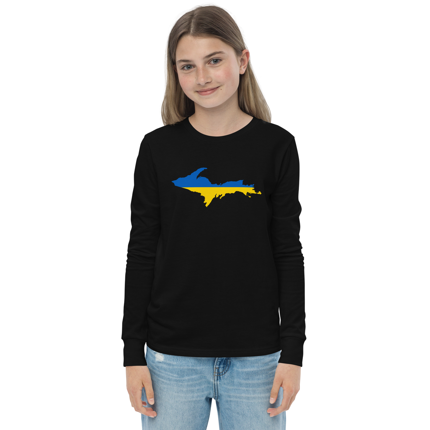 Michigan Upper Peninsula T-Shirt (w/ UP Ukraine Flag Outline) | Youth Long Sleeve