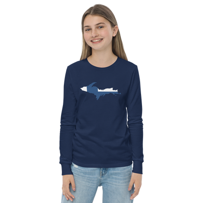 Michigan Upper Peninsula T-Shirt (w/ UP Finland Flag Outline) | Youth Long Sleeve