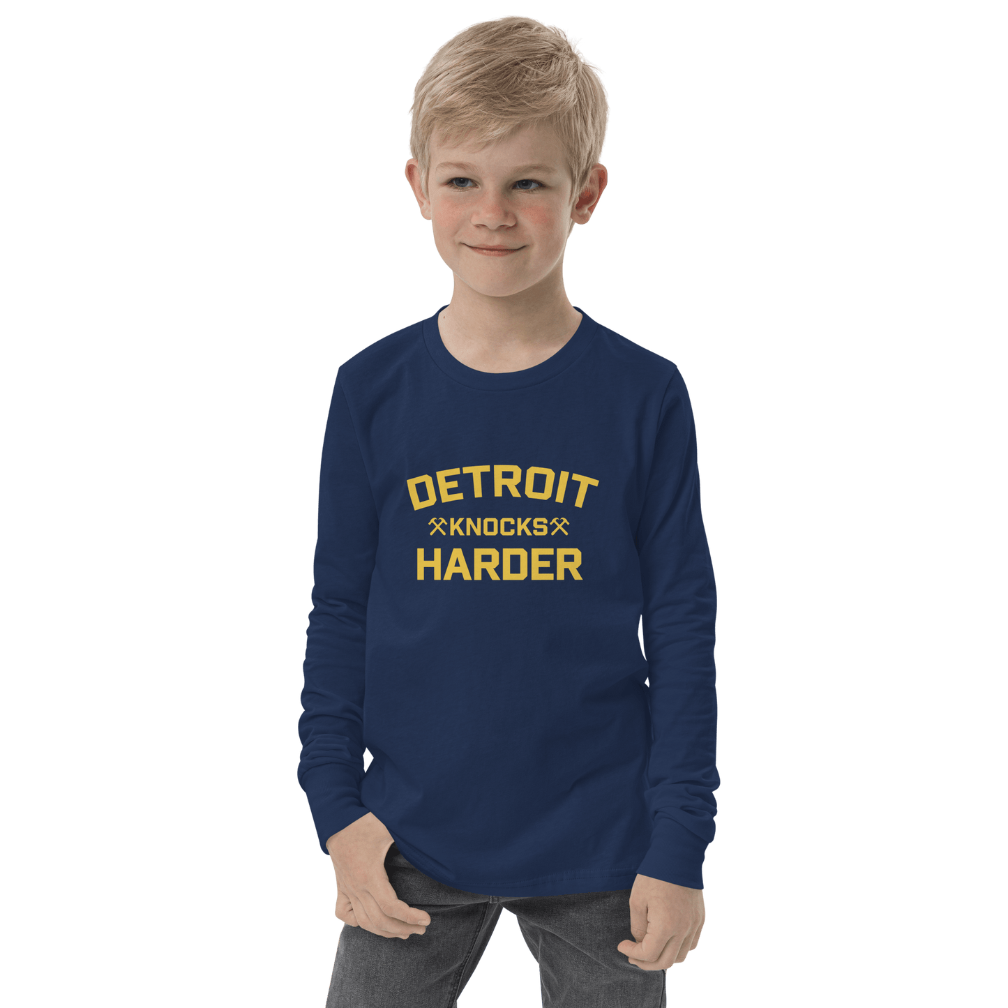 'Detroit Knocks Harder' T-Shirt | Unisex Youth Long Sleeve - Circumspice Michigan