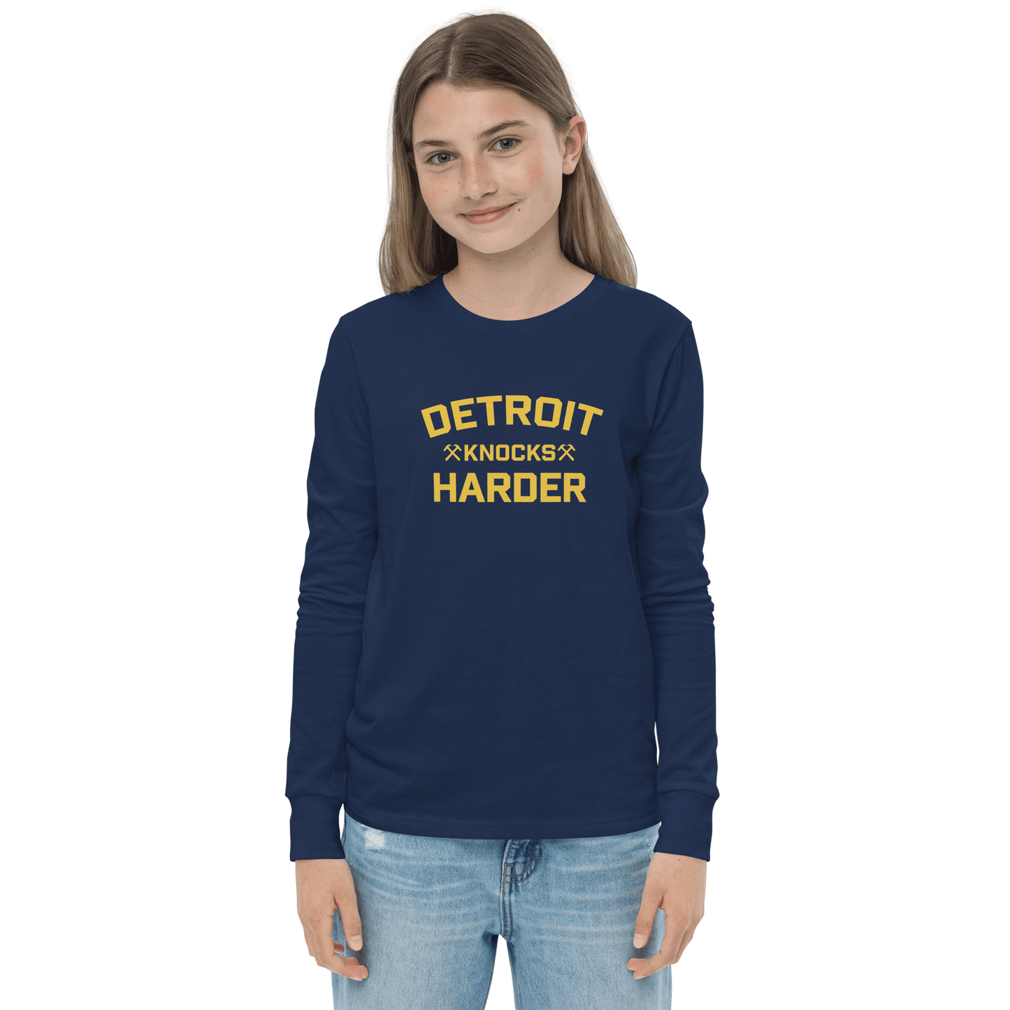 'Detroit Knocks Harder' T-Shirt | Unisex Youth Long Sleeve - Circumspice Michigan