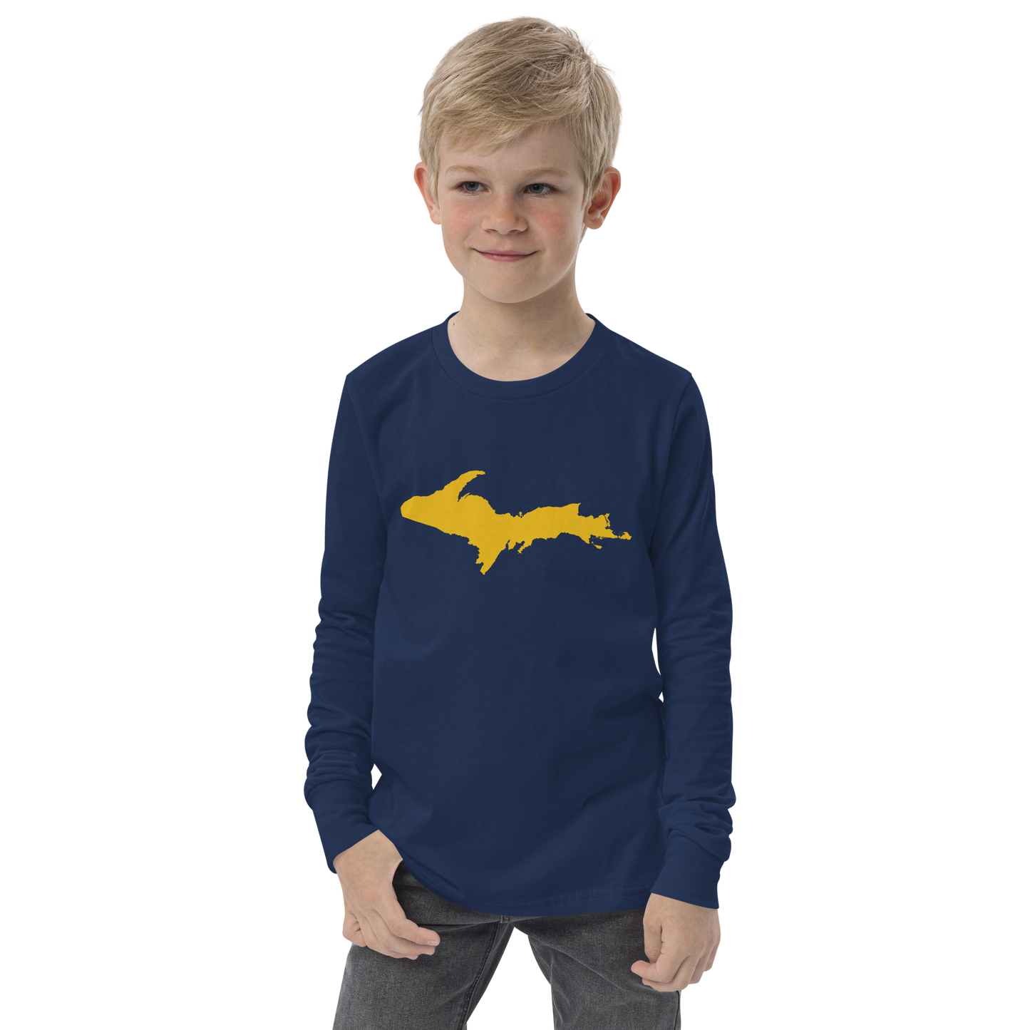 Michigan Upper Peninsula T-Shirt (w/ Gold UP Outline) | Youth Long Sleeve