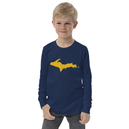 Michigan Upper Peninsula T-Shirt (w/ Gold UP Outline) | Youth Long Sleeve