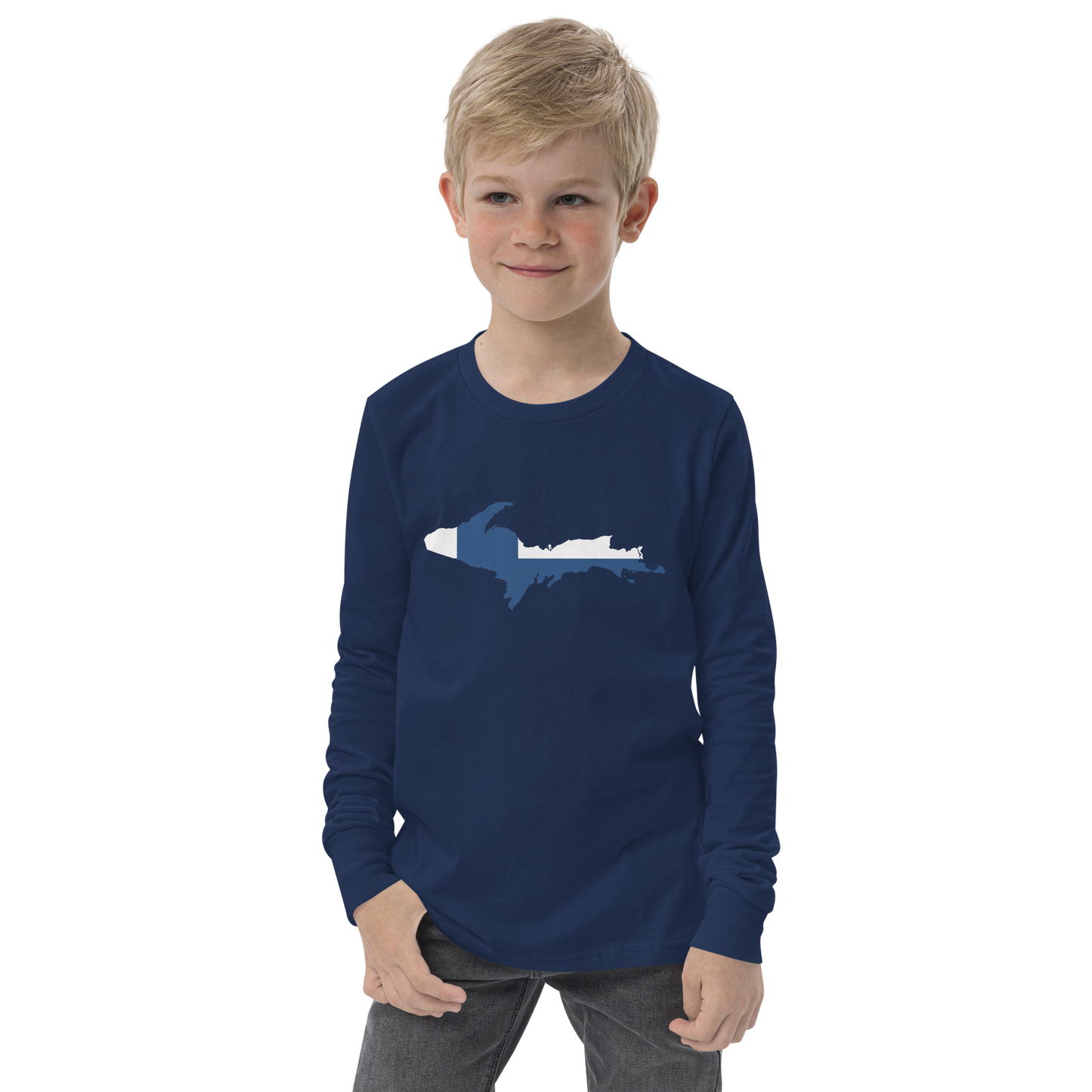 Michigan Upper Peninsula T-Shirt (w/ UP Finland Flag Outline) | Youth Long Sleeve