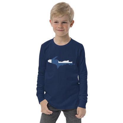 Michigan Upper Peninsula T-Shirt (w/ UP Finland Flag Outline) | Youth Long Sleeve