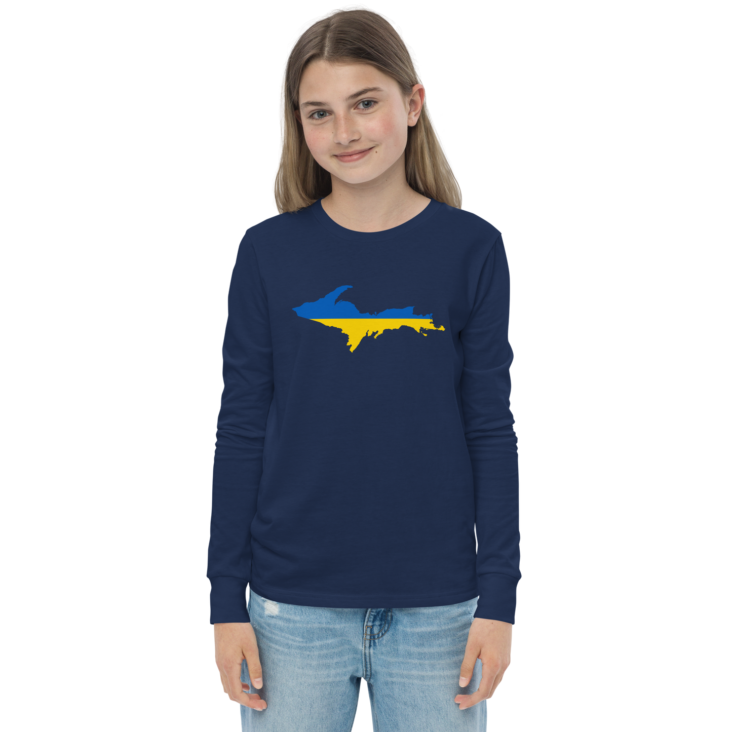 Michigan Upper Peninsula T-Shirt (w/ UP Ukraine Flag Outline) | Youth Long Sleeve