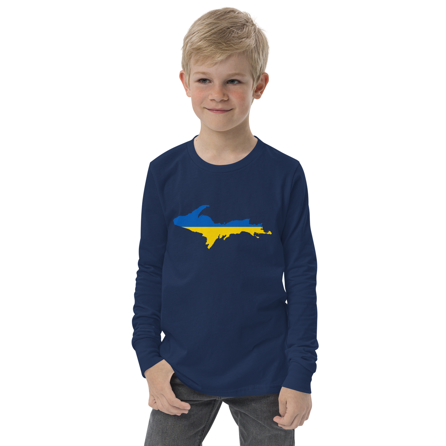 Michigan Upper Peninsula T-Shirt (w/ UP Ukraine Flag Outline) | Youth Long Sleeve