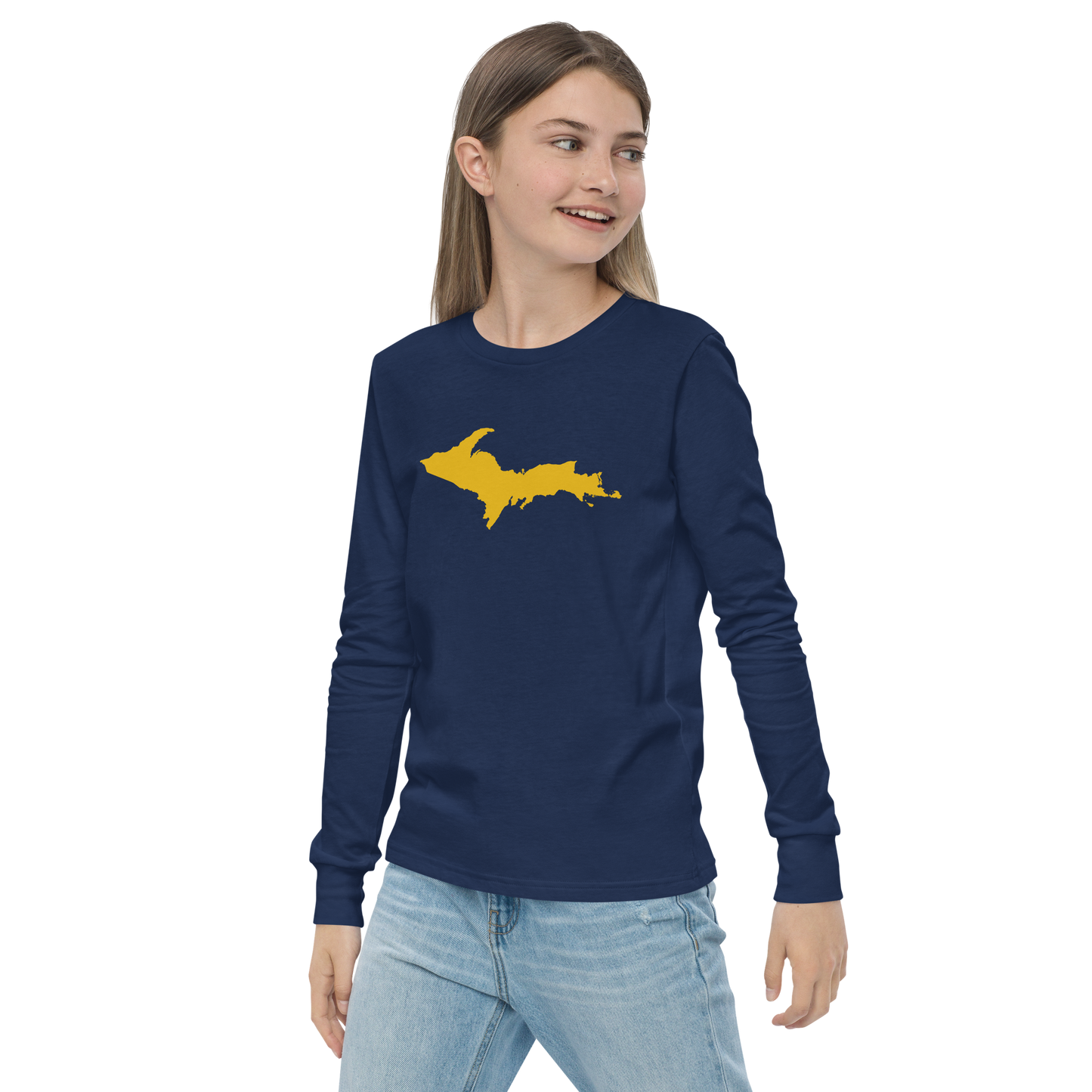 Michigan Upper Peninsula T-Shirt (w/ Gold UP Outline) | Youth Long Sleeve