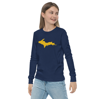 Michigan Upper Peninsula T-Shirt (w/ Gold UP Outline) | Youth Long Sleeve