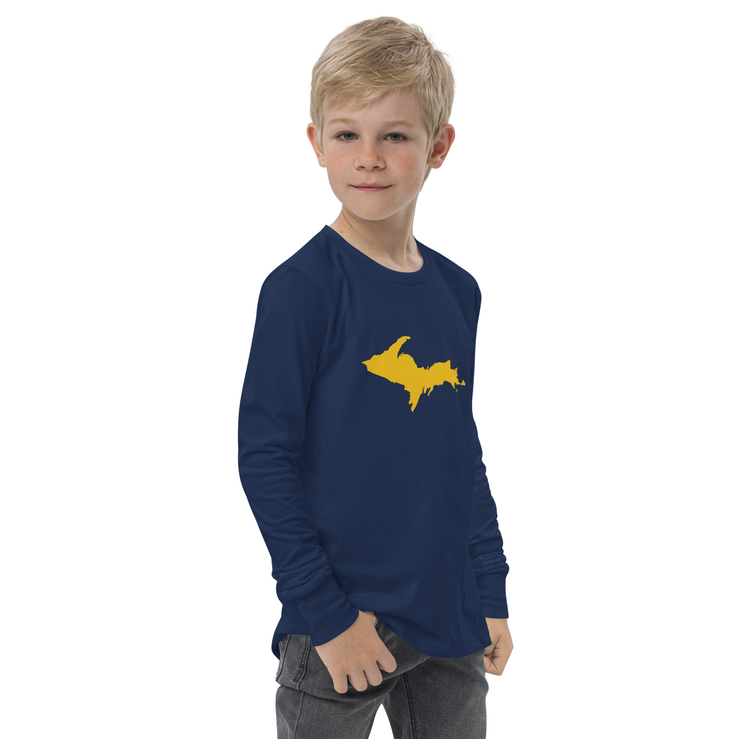 Michigan Upper Peninsula T-Shirt (w/ Gold UP Outline) | Youth Long Sleeve